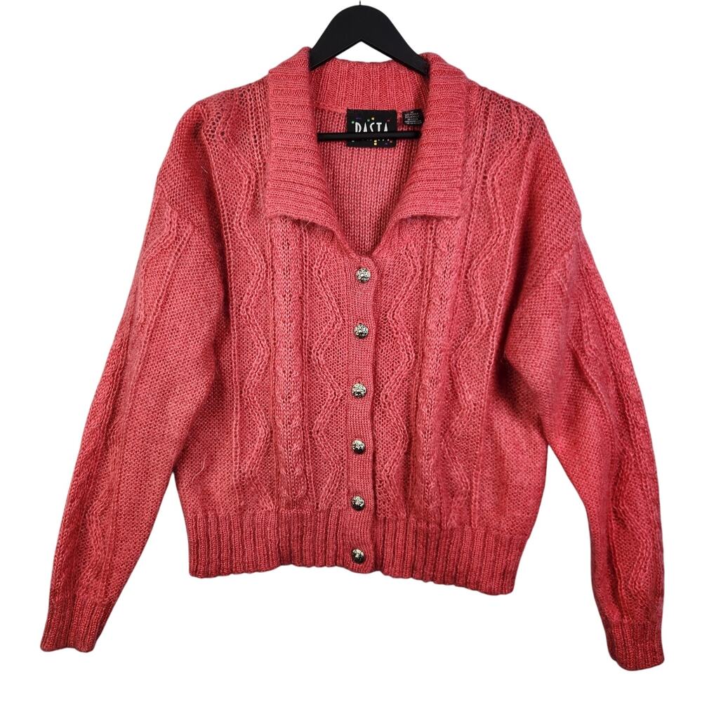 VTG 90s Cable Knit Sweater Cardigan Sz M Mohair Acrylic Blend Pink Button Preppy